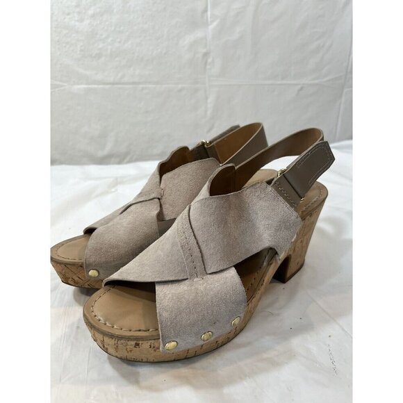 Franco Sarto Taupe Suede Slingback Kicks Platform Cork Sandals 7.5 - Picture 10 of 13